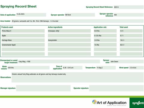 Spraying record sheet example