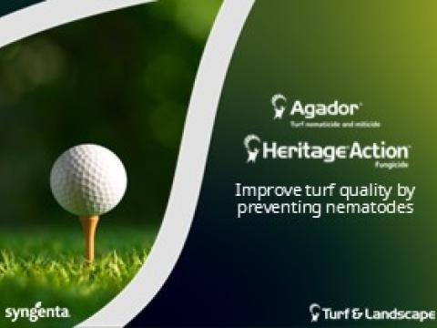 Syngenta Turf & Landscape graphic on nematode prevention, with golf ball on tee and logos