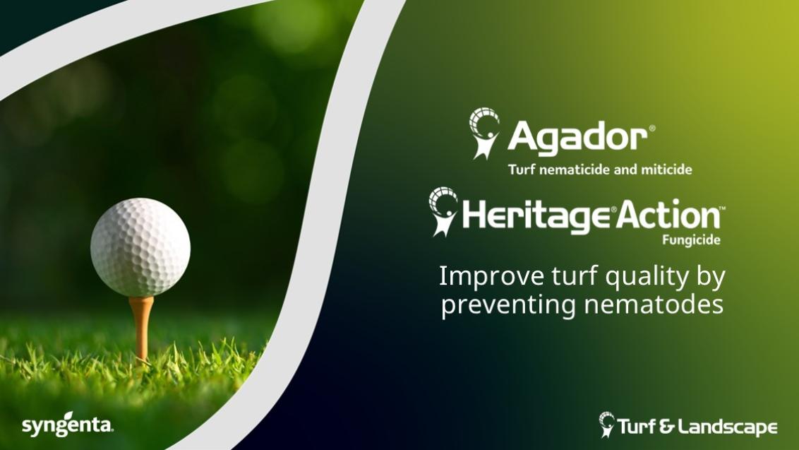 Agador and Heritage Action logos over golf ball on tee, green background