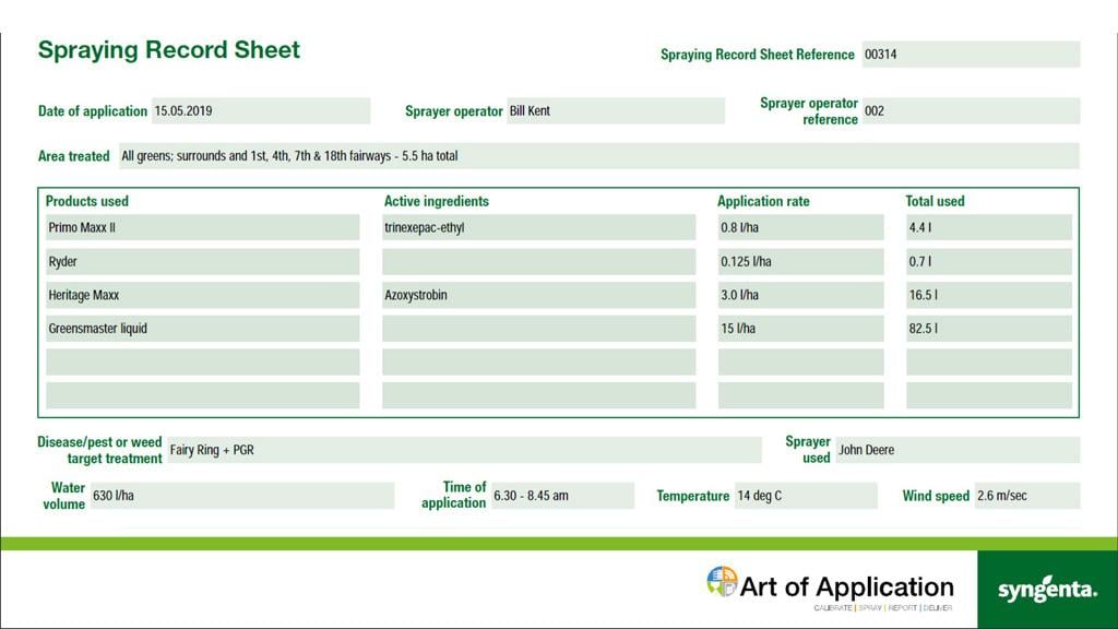 Spray record sheets example
