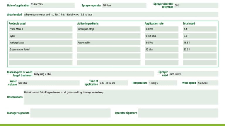 Spraying record sheet example