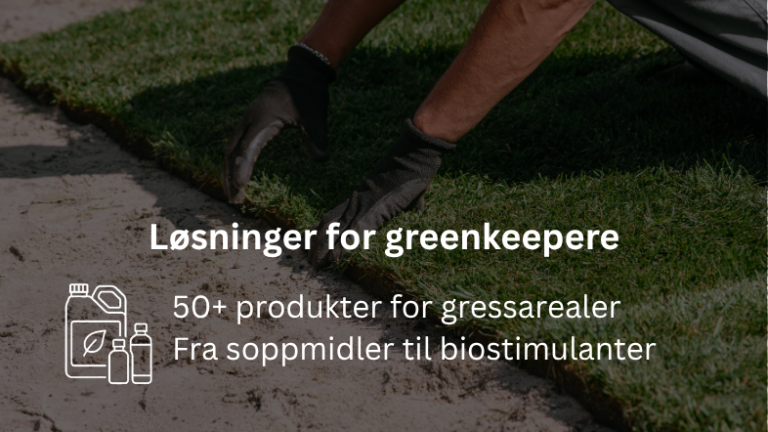 Worker edging a lawn; Danish text about solutions for groundskeepers