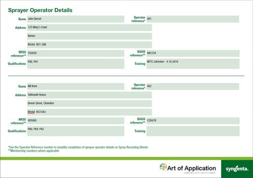 Sprayer operator details example